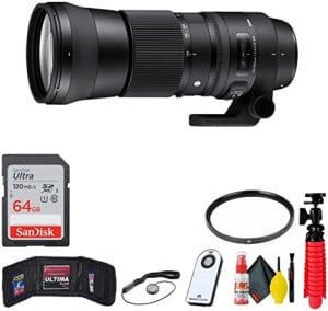 Sigma 150-600mm f/5-6.3 DG OS HSM Contemporary Lens for Canon EF + 64GB Sandisk Ultra SD Card Deluxe Bundle with Accessories