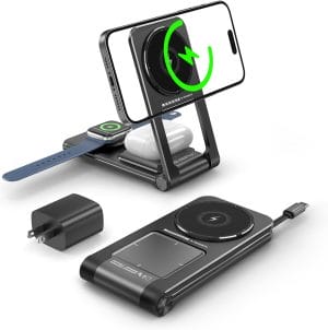3 in 1 Magnetic Wireless Charger,Foldable Charging Station Built-in Retractable Cable,15W Portable Wireless Charging Stand for iPhone 16 15 14 13 12,Apple Watch,AirPods 20W Adapter Black